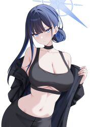 Rule 34 | 1girl, alternate costume, alternate hairstyle, bare shoulders, black choker, black jacket, black pants, black sports bra, blue archive, blue eyes, blue hair, blue halo, blush, breasts, choker, cleavage, closed mouth, clothing cutout, collarbone, espada gcon, hair bun, halo, highres, jacket, large breasts, long hair, looking at viewer, navel, off shoulder, open clothes, open jacket, paid reward available, pants, saori (blue archive), simple background, single hair bun, single side bun, solo, sports bra, stomach, underboob, underboob cutout, white background