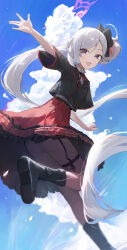 Rule 34 | 1girl, :d, absurdres, ass, black boots, blue archive, blue sky, boots, cloud, commentary, day, halo, highres, jianjia, long hair, looking at viewer, mutsuki (blue archive), open mouth, outdoors, pink eyes, pink halo, side ponytail, sky, smile, solo, thigh strap, very long hair, white hair