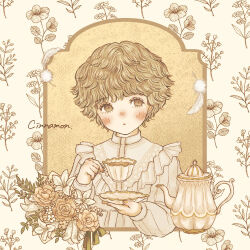 1girl black_tea blonde_hair blush bouquet brown_eyes cinnamon_(katsura) cup falling_feathers faux_retro_artstyle feathers floral_background floral_print flower holding holding_cup long_sleeves nose_blush original retro_artstyle short_hair solo tea teacup teapot victorian