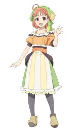 1girl :d ahoge bare_shoulders black_pantyhose bonnet braid brown_shoes chika_(genjitsu_no_yohane) collarbone full_body genjitsu_no_yohane green_bonnet green_skirt highres looking_at_viewer love_live! love_live!_sunshine!! off-shoulder_shirt off_shoulder official_art open_hand open_mouth orange_hair orange_shirt pantyhose puffy_short_sleeves puffy_sleeves red_eyes shirt shoes short_hair short_sleeves side_braid simple_background skirt smile solo standing striped_clothes striped_skirt tachi-e takami_chika transparent_background