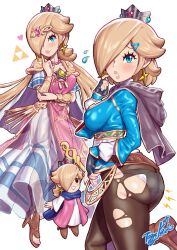 3girls alternate_hairstyle armor ass black_gloves blonde_hair blue_eyes blue_shirt blush bracer breasts capelet chibi closed_mouth cosplay cowboy_shot embarrassed fingerless_gloves full_body gloves hair_over_one_eye high_heels highres large_breasts leggings long_hair long_skirt long_sleeves looking_at_viewer mario_(series) multiple_girls multiple_persona nintendo panties pink_nails princess_zelda_(cosplay) robe rosalina see-through_clothes see-through_skirt shirt short_hair shoulder_armor simple_background skirt smile standing standing_on_one_leg super_mario_galaxy super_smash_bros. the_legend_of_zelda the_legend_of_zelda:_breath_of_the_wild thick_lips toes toggy_keiichi torn_clothes underwear white_background white_panties