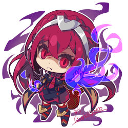 1girl aura braid chibi crossed_bangs crown_braid dark_aura dark_persona female_alear_(fell_dragon)_(fire_emblem) female_alear_(fire_emblem) female_alear_(red_days_past)_(fire_emblem) fire_emblem fire_emblem_engage fire_emblem_heroes gloves hair_between_eyes highres long_hair looking_at_viewer nintendo official_alternate_color official_alternate_eye_color official_alternate_hair_color red_aura red_eyes red_gloves red_hair ryoto_soukyuu solo tiara