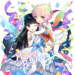 2girls anna_(uchi_no_hime-sama_ga_ichiban_kawaii) black_hair blunt_bangs confetti dress frilled_dress frills kanna_(uchihime) long_hair multiple_girls off_shoulder pink_hair salt_(salty) short_hair uchi_no_hime-sama_ga_ichiban_kawaii very_long_hair white_dress wings yellow_eyes