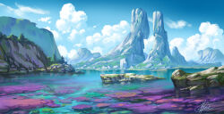 blue_sky chinnkun cliff cloud coral_reef day lake landscape mountain nature no_humans original painterly rock shore signature sky water