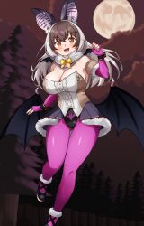 Rule 34 | 1girl, absurdres, animal ears, bat ears, bat girl, bat wings, breasts, brown eyes, brown hair, brown long-eared bat (kemono friends), cleavage, elbow gloves, extra ears, fingerless gloves, full moon, gloves, grey hair, highres, kemono friends, kemono friends v project, large breasts, leotard, long hair, looking at viewer, matabi umi, microphone, moon, multicolored hair, night, night sky, pantyhose, shoes, skirt, sky, solo, streaked hair, virtual youtuber, wings