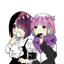 2girls black_dress commentary_request cotton_candy deformed dress eating food food_request green_eyes hair_ornament hair_over_one_eye hairclip highres holding holding_cotton_candy holding_food jacket long_sleeves multicolored_jacket multiple_girls pinafore_dress pink_hair purple_eyes purple_hair sawaranaide_kotesashi-kun sayamagaoka_chiyo shinjou_takuya shirt short_hair sleeveless sleeveless_dress solo sumiyoshi_izumi upper_body white_background white_shirt