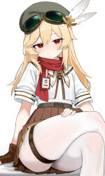 1girl absurdres arm_support blonde_hair brown_gloves brown_hat brown_skirt closed_mouth commentary_request crossed_legs fingerless_gloves girls&#039;_frontline gloves goggles goggles_on_head hair_between_eyes hat hat_feather highres long_hair looking_at_viewer nagant_revolver_(girls&#039;_frontline) pantyhose project_n.e.t. red_eyes red_scarf scarf shenqi_xiaohuang shirt short_sleeves simple_background sitting skirt solo white_background white_pantyhose white_shirt