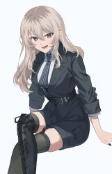 1girl absurdres asymmetrical_footwear asymmetrical_legwear belt black_belt black_boots black_jacket black_nails black_necktie black_shorts boots commentary girls_band_cry grey_eyes grey_hair grey_thighhighs hair_ornament hairclip highres invisible_chair jacket kawaragi_momoka kuji_(orca9ji) long_hair lower_teeth_only multicolored_hair nail_polish necktie open_mouth pinstripe_necktie roots_(hair) shorts sidelocks simple_background single_thigh_boot sitting solo teeth thigh_boots thighhighs three-quarter_sleeves white_background