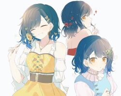 1girl alternate_costume alternate_hairstyle bare_shoulders blue_dress blue_hair braid closed_eyes detached_sleeves dress earrings flower hair_flower hair_ornament highres holding holding_flower jewelry looking_at_viewer multiple_views necklace project_sekai puffy_sleeves shiraishi_an short_hair smile sunflower white_background yellow_dress yellow_flower yuki72611