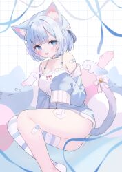 1girl :d @_@ absurdres animal_ear_fluff animal_ears ass bandaid bandaid_on_leg barefoot bell blue_eyes blue_hair blue_jacket blush bow braid breasts camisole cat_ears cat_girl cat_tail cleavage collarbone commission convenient_censoring copyright_request feet_out_of_frame grid_background highres jacket jingle_bell long_sleeves medium_breasts no_shoes off_shoulder open_clothes open_jacket open_mouth puffy_long_sleeves puffy_sleeves rucaco single_thighhigh skeb_commission sleeves_past_fingers sleeves_past_wrists smile solo striped_clothes striped_thighhighs sweat tail tail_bell tail_bow tail_ornament thighhighs two_side_up virtual_youtuber white_background white_bow white_camisole