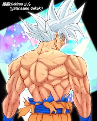 Rule 34 | 1boy, colorized, cowboy shot, dragon ball, dragon ball super, from behind, gekiroo, grey eyes, highres, looking at viewer, medium hair, muscular, muscular male, orange pants, pants, shin (mrgt2288), solo, son goku, spiked hair, topless male, twitter username, ultra instinct, white hair