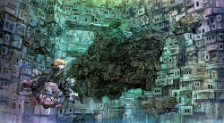 aircraft androgynous black_gloves blonde_hair blue_eyes building gender_request gloves hood hood_down original riding smile solo sonidoriy vehicle