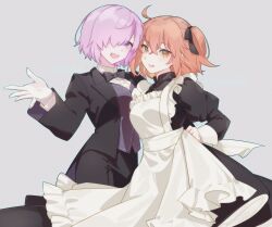 2girls ahoge alternate_costume apron black_dress black_suit butler dress enmaided fang fate/grand_order fate_(series) female_butler formal_clothes fujimaru_ritsuka_(female) gloves grey_background hair_over_one_eye highres maid maid_apron mash_kyrielight multiple_girls one_side_up orange_eyes orange_hair purple_eyes purple_hair rullep suit white_gloves