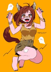1girl :d absurdres animal_ears anna_(aannnaa3) bandaid bandaid_on_face bandaid_on_nose black_nails blush boku_no_hero_academia bracelet brown_eyes brown_hair brown_skirt brown_tank_top claw_pose feet_up full_body ghost hands_up highres jewelry medium_hair open_mouth skirt smile solo tail tank_top uraraka_ochako wolf_ears wolf_girl wolf_tail