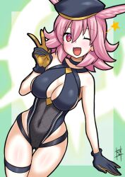 1girl bare_shoulders beret black_gloves black_hat black_one-piece_swimsuit breasts choker cleavage cleavage_cutout clothing_cutout energy_wings fate/grand_order fate_(series) gloves guriguri_(arayotto4351) hat head_wings highleg highleg_one-piece_swimsuit hildr_(fate) hildr_(swimsuit_assassin)_(fate) large_breasts looking_at_viewer medium_hair one-piece_swimsuit one_eye_closed open_mouth pink_hair red_eyes smile solo star_(symbol) swimsuit thighs valkyrie_(fate) wings