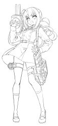 1girl adapted_turret collared_shirt commentary_request dress dress_shirt full_body hand_on_own_hip kantai_collection kasumi_(kancolle) kasumi_kai_ni_(kancolle) lineart looking_at_viewer nueco open_mouth pinafore_dress shirt side_ponytail sleeveless sleeveless_dress socks solo standing torpedo_launcher
