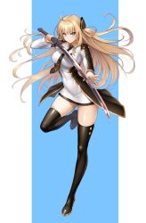 Rule 34 | 1girl, ahoge, black necktie, blonde hair, blue eyes, collared dress, dress, duel monster, full body, highres, holding, holding sword, holding weapon, long hair, necktie, shoes, sky striker ace - raye, solo, standing, standing on one leg, sword, takkayuuki, thighhighs, weapon, white dress, yu-gi-oh!, zettai ryouiki
