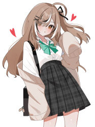 Rule 34 | 1girl, :o, absurdres, ahoge, alternate costume, bag, black hair, black ribbon, black skirt, breasts, brown cardigan, brown eyes, brown hair, cardigan, collared shirt, commentary, dress shirt, eyes visible through hair, hair ornament, hair ribbon, hana20000920, heart, high-waist skirt, highres, hololive, hololive english, long hair, long skirt, long sleeves, looking at viewer, medium breasts, multicolored hair, nanashi mumei, one side up, open cardigan, open clothes, open mouth, plaid clothes, plaid skirt, pleated skirt, ribbon, shirt, shirt tucked in, shoulder bag, sidelocks, simple background, skirt, sleeves past fingers, sleeves past wrists, solo, streaked hair, symbol-only commentary, virtual youtuber, white background, white hair, white shirt, x hair ornament