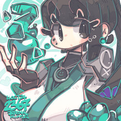 1girl :o absurdres animification black_eyes black_gloves black_hair black_shirt blush breasts earrings fingerless_gloves gloves grey_robe hair_behind_ear highres jewelry jrpencil long_hair looking_to_the_side medium_breasts open_hand orb ponytail portrait robe sage_(valorant) shirt solo valorant