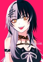 Rule 34 | 1girl, alexaniel, arm strap, artist name, black choker, black dress, black hair, breasts, choker, cleavage, commentary, dress, english commentary, grey hair, hololive, hololive english, large breasts, long hair, looking at viewer, multicolored hair, open mouth, ribbon, shiori novella, shiori novella (1st costume), solo, split-color hair, teeth, two-tone hair, upper teeth only, virtual youtuber, white ribbon, yellow eyes