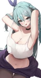 Rule 34 | 1girl, :q, aqua eyes, aqua hair, armpits, arms behind head, arms up, bare arms, bare shoulders, black choker, black jacket, blurry, braid, breasts, brown pantyhose, choker, chunduk, cleavage, closed mouth, clothes around waist, commission, cowboy shot, crop top, crop top overhang, depth of field, hair ribbon, highres, jacket, jacket around waist, large breasts, long hair, looking at viewer, midriff, navel, original, pantyhose, ribbon, see-through silhouette, shirt, simple background, sleeveless, sleeveless shirt, smile, solo, spaghetti strap, stomach, strap slip, sweat, tongue, tongue out, twin braids, two side up, very long hair, white background, white shirt