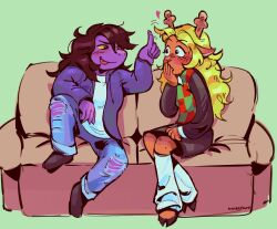 2girls animal_ears antlers blonde_hair blue_pants blush checkered_clothes checkered_vest colored_sclera colored_skin commentary couch covering_own_mouth deer_antlers deer_ears deer_girl deltarune flick furry furry_female heart highres hooves horns jacket leg_warmers long_hair multiple_girls noelle_holiday on_couch pants purple_jacket purple_skin signature sitting susie_(deltarune) tongue tongue_out torn_clothes torn_pants trinketbird vest white_leg_warmers yellow_sclera