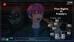 2boys battery_indicator behind_another black_jacket blue_shirt bonnie_(fnaf) commentary_request copyright_name crossover dark english_text five_nights_at_freddy&#039;s food furrowed_brow hand_up highres holding holding_food holding_pizza jack-o&#039;_ran-tan jacket looking_at_another map multiple_boys napoli_no_otokotachi nervous_sweating open_mouth pizza pizza_slice purple_eyes purple_hair recording scared shirt short_hair sweat timestamp upper_body user_interface za_(sametapizza_)