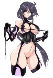 1girl ahoge bare_shoulders bdsm black_eyes boots breasts censored chaos;child chest_harness covered_erect_nipples covered_pussy cross_laced_corset curvy dominatrix ears_visible_through_hair elbow_gloves frown furrowed_brow gloves harness heart heart_censor high_collar holding holding_whip jonyeld kunosato_mio latex latex_corset latex_gloves latex_harness latex_legwear latex_suspenders latex_thighhighs lingerie long_hair looking_at_viewer navel purple_hair strap suspenders thick_thighs thigh_boots thighhighs thighs underboob underwear very_long_hair waist_cincher whip white_background wide_hips
