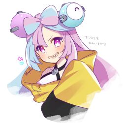 1girl blue_hair bow-shaped_hair character_hair_ornament cropped_torso eyelashes hair_between_eyes hair_ornament highres iono_(pokemon) jacket long_hair looking_at_viewer mipokec multicolored_hair nintendo pink_eyes pink_hair pokemon pokemon_sv sharp_teeth smile solo teeth twitter_username two-tone_hair upper_body white_background yellow_jacket