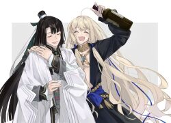 Rule 34 | 2boys, black hair, black robe, blonde hair, blunt bangs, blunt ends, bottle, chinese clothes, cup, curtained hair, drooling, fate/grand order, fate/grand order arcade, fate (series), gold trim, hand on another&#039;s shoulder, high collar, highres, holding, holding bottle, holding cup, long hair, long sidelocks, long sleeves, low-tied sidelocks, mouth drool, multiple boys, noah (fate), open clothes, open mouth, open robe, parted bangs, robe, sazanami217, sidelocks, simple background, smile, taigong wang (fate), topknot, very long hair, very long sidelocks, wavy ends, white robe