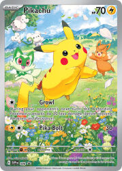 Rule 34 | :3, :d, animal focus, arms up, artist name, blue flower, blue sky, card (medium), cat, character name, cloud, company name, copyright name, copyright notice, english text, fangs, flower, gen 1 pokemon, grass, leaf, maushold, maushold (family of four), mountainous horizon, nintendo, no humans, official art, open mouth, orange flower, pawmot, petals, pikachu, plant, pokemon, pokemon (creature), pokemon card, pokemon focus, pokemon tcg, purple flower, red eyes, red flower, rock, sky, smile, sprigatito, third-party source, trading card, tree, vines, water, white flower, yellow flower