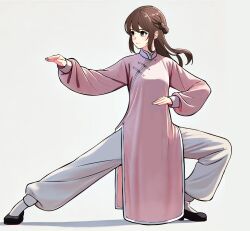 1girl absurdres black_eyes brown_hair changpao china_dress chinese_clothes dress fighting_stance highres kokoro_no_koibito kung_fu martial_arts monk original pink_dress self-upload shaolin_monk tangzhuang training