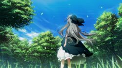 Rule 34 | 1girl, antenna hair, bare legs, black dress, blue bow, blue sky, bow, clenched hand, cloud, dress, falling leaves, frilled dress, frilled skirt, frills, from behind, from below, fukuda tomonori, game cg, grass, grey hair, hair between eyes, hair bow, highres, leaf, long hair, looking up, non-web source, official art, on grass, outstretched arm, robotics;notes, skirt, sky, solo, tree, twintails, yukifune airi