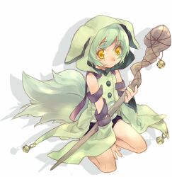 1boy animal_hood animal_nose arm_belt bell brown_shorts buttons child coattails detached_sleeves dog_boy dog_tail faulklin green_hair hand_on_ground holding holding_staff hood kneeling knees shadow shining_(series) shining_force_exa shorts simple_background solo staff tail undershirt wanko_(takohati8) white_background wooden_staff yellow_eyes