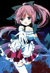 1girl absurdres bow choker gloves hair_bow highres long_hair looking_at_viewer mameguri open_mouth ponytail red_hair riruru_(subarashiki_hibi) skirt smile solo thighhighs tsui_no_sora white_thighhighs