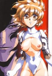 1boy 1girl adam_(chirality) armor bishounen black_hair breasts breasts_apart breasts_out brown_eyes brown_hair cameltoe chirality clenched_hand covered_navel cowboy_shot glint gloves groin hair_between_eyes hair_over_one_eye half-closed_eyes highleg highleg_leotard leotard looking_at_viewer nipples no_bra nude official_art open_clothes open_shirt parted_lips pauldrons portrait red_background red_eyes revealing_clothes scan shiny_skin shiori shiori_(chirality) shirt short_hair shoulder_armor turtleneck urushihara_satoshi