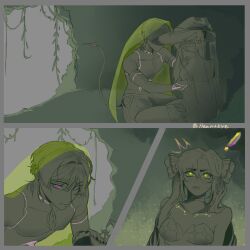 Rule 34 | !, 1boy, 1girl, ^^^, absurdres, alternate hairstyle, alternate headwear, alternate species, bare shoulders, bloomers, blunt ends, blush, bodysuit, bow, braid, bridal gauntlets, cave, choker, choppy bangs, collarbone, cross-shaped pupils, earrings, eyelashes, feathers, fingernails, genshin impact, glowing markings, green eyes, green veil, hair between eyes, hair bow, hair intakes, hakama, hakama shorts, half up braid, hat, heartbye (lollybomb12), highres, indoors, japanese clothes, jewelry, long hair, looking at another, mona (genshin impact), monochrome, mouse tail, parted bangs, parted lips, pink eyes, pink lips, plant, pleated shorts, rat boy, scaramouche (genshin impact), see-through clothes, see-through veil, shaded face, short eyebrows, shorts, sidelocks, sitting, squatting, star (symbol), star earrings, strapless, sweatdrop, symbol-shaped pupils, tail, tsurime, twintails, underwear, undressing another, veil, vines, wanderer (genshin impact), witch hat