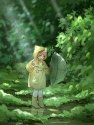 Rule 34 | 1girl, animal ear hood, animal ears, boots, brown eyes, bush, cat ears, dappled sunlight, day, deformed, downturned eyes, eyelashes, fake animal ears, forest, full body, happy, highres, holding, holding umbrella, hood, hood up, hooded coat, jianuannuannuan, knee boots, light rays, long sleeves, looking at self, nature, nikki (nikki), nikki (series), open mouth, outdoors, pantyhose, pocket, procreate (medium), puddle, raincoat, reflective floor, shining nikki, smile, solo, star (symbol), sunlight, transparent, transparent umbrella, umbrella, white pantyhose, yellow boots, yellow raincoat