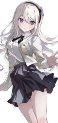 Rule 34 | 1girl, :o, black flower, black hairband, black skirt, blazer, buttons, collared shirt, cowboy shot, dotted background, double-parted bangs, dress shirt, drop shadow, duplicate, expressionless, flower, flower hairband, hair between eyes, hairband, hand up, highres, jacket, kashimiya karua, long hair, looking at viewer, miniskirt, mole, mole under eye, open clothes, open jacket, palms, parted lips, pleated skirt, purple eyes, shirt, shirt tucked in, sidelocks, simple background, skirt, solo, the hundred line -last defense academy-, thighs, usirome, very long hair, white background, white hair, white jacket, white shirt