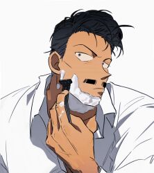 1boy :/ black_hair closed_mouth collared_shirt facial_hair grey_eyes highres holding holding_razor holding_razor_blade long_sleeves looking_at_viewer male_focus mature_male meitantei_conan mercuryxun messy_hair mouri_kogoro mustache pointy_nose razor razor_blade safety_razor shaving shaving_cream shirt short_hair simple_background veins veiny_hands white_background white_shirt
