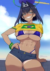 abs beach bikini blue_bikini blue_eyes blue_hair brazilian_flag brazilian_miku breasts cosplay crop_top ear_piercing fang fruithead hand_on_own_hip hatsune_miku highres hololive large_breasts ouro_kronii piercing shirt short_shorts shorts swimsuit tan tanline toned toned_belly toned_female toned_stomach underboob wide_hips yellow_shirt