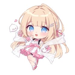 1girl :d blue_eyes blush bow brown_hair chibi commentary detached_sleeves dress english_commentary flower full_body ghost hair_flower hair_intakes hair_ornament hair_ribbon hairclip hand_up highres hitsukuya indie_virtual_youtuber long_hair long_sleeves looking_at_viewer open_mouth petals pink_bow pink_ribbon pink_shoes puffy_long_sleeves puffy_sleeves ribbon shoes simple_background sleeves_past_wrists smile socks solo very_long_hair virtual_youtuber white_background white_dress white_flower white_sleeves white_socks yukinoshita_peo