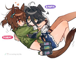 Rule 34 | 2girls, agnes tachyon (lunatic lab) (umamusume), agnes tachyon (umamusume), ahoge, animal ears, bikini, black bikini, black hair, blue ribbon, blue shorts, bow, brown hair, brown shirt, carrying, carrying person, closed mouth, cropped shirt, crossed bangs, ear ribbon, ears down, emne, frown, fur-trimmed shorts, fur trim, hair between eyes, hand on another&#039;s back, hand on another&#039;s thigh, hat, hat on back, highres, hood, hood down, hooded jacket, horse ears, horse girl, horse tail, jacket, long bangs, long hair between eyes, looking at another, manhattan cafe (umamusume), motion lines, multicolored hair, multiple girls, open fly, ribbon, shirt, short sleeves, shorts, simple background, sleeves rolled up, smile, squiggle, sun hat, swimsuit, tail, thigh strap, tied shirt, umamusume, white background, white hair, white jacket, yellow eyes, yuri