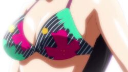 1girl animated anime_screenshot ass bikini black_hair blue_eyes breasts cleavage feet hand_on_own_hip highres holding holding_sword holding_weapon large_breasts long_hair multicolored_bikini navel side-tie_bikini_bottom sky smile sound stomach swimsuit sword tagme thighs video weapon yaiba yamato_nadeshiko_(yaiba)