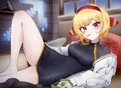 1girl absurdres black_dress blonde_hair breasts cardigan commentary dress dried_squid earrings eating hand_on_own_thigh headband highres hololive hololive_indonesia indoors jewelry kaela_kovalskia knee_up looking_at_viewer lying medium_breasts on_back open_cardigan open_clothes pillow radi_(pixiv_88192217) red_eyes red_headband ribbed_dress short_dress short_hair snack solo thighs virtual_youtuber white_cardigan