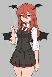 1girl arm_up bat_wings black_skirt black_vest black_wings breasts chinese_commentary cigarette collared_shirt commentary commentary_request double-parted_bangs english_commentary grey_background grey_eyes grey_vest hair_between_eyes head_wings highres holding holding_cigarette humanization koakuma long_hair long_sleeves looking_at_viewer medium_breasts mixed-language_commentary necktie partial_commentary red_hair red_necktie red_trim redguard shirt simple_background skirt skirt_set sleeves_rolled_up smoking solo touhou vest white_shirt wings