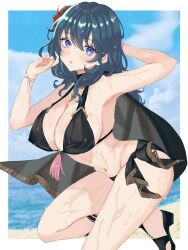 1girl armpits arms_up beach bikini black_bikini black_cape blue_eyes blue_hair blue_sky breasts cape cleavage covered_erect_nipples female_byleth_(fire_emblem) female_byleth_(summer)_(fire_emblem) fire_emblem fire_emblem:_three_houses fire_emblem_heroes flower hair_flower hair_ornament hibiscus highres large_breasts long_hair looking_at_viewer navel nintendo official_alternate_costume red_flower sideboob sky solo swimsuit thighs water wet zqzbq