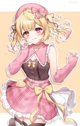 1girl :3 :q ahoge black_ribbon blonde_hair bow choker collarbone detached_sleeves frilled_skirt frilled_sleeves frills gradient_hair hair_bow hair_intakes hair_ribbon hat heterochromia highres hoshikawa_sara long_hair long_sleeves miniskirt multicolored_hair nijisanji outline pink_bow pink_choker pink_hat pink_skirt pink_sleeves plaid_clothes plaid_skirt red_eyes ribbon skirt solo thighhighs tongue tongue_out twintails virtual_youtuber white_outline yellow_bow yellow_eyes zettai_ryouiki zky_(oekaky)