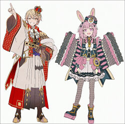 1boy 1girl :d adapted_costume animal_ears arm_up black_boots black_kimono blonde_hair boots brown_boots crown gloves grey_background grey_jacket grey_kimono grin hair_between_eyes hakusai_(tiahszld) jacket japanese_clothes kimono long_sleeves mini_crown ootori_emu open_clothes open_jacket open_mouth outstretched_arm pantyhose pinching_sleeves pink_gloves pink_hair pink_kimono pointy_ears project_sekai purple_eyes rabbit_ears red_eyes revision simple_background sleeves_past_wrists smile standing standing_on_one_leg tenma_tsukasa tilted_headwear v-shaped_eyebrows wide_sleeves wonder_magical_showtime!_(project_sekai)