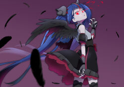 1girl black_dress black_thighhighs black_wings blue_eyes blue_hair commentary corruption cure_sky cure_sky_(dark) cut_bangs dark_persona dress earrings feathered_wings feathers fingerless_gloves from_side gloves glowing glowing_eyes grey_gloves hair_ornament hirogaru_sky!_precure jewelry long_hair looking_at_viewer magical_girl multicolored_hair open_mouth possessed possession precure puffy_short_sleeves puffy_sleeves red_eyes red_hair short_dress short_sleeves single_sidelock single_wing skearhead sleeveless sleeveless_dress solo sora_harewataru standing streaked_hair thighhighs tiler_(tiler00) twintails very_long_hair wind wing_hair_ornament wings